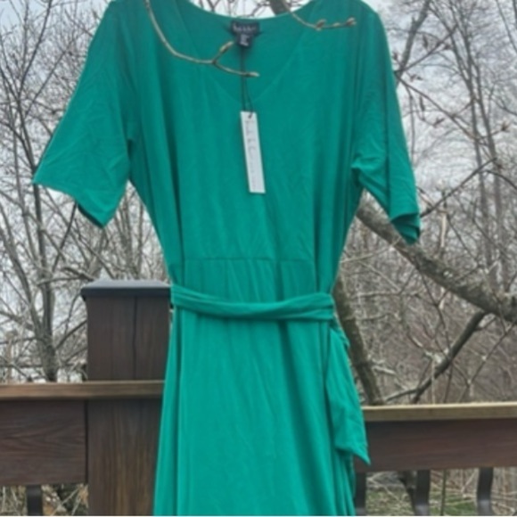 Nicole Miller v neck 3/4 sleeve belted maxi spring dress grass green size XL NWT - Picture 4 of 17